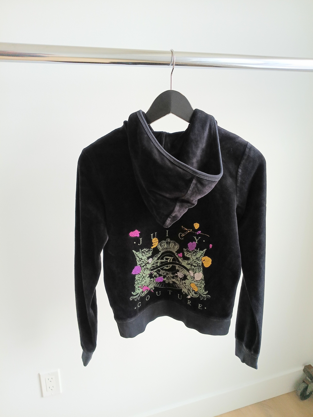 Vtg Y2K Juicy Couture Black Velour Zipper Hoodie Size M Graphic Back Crown